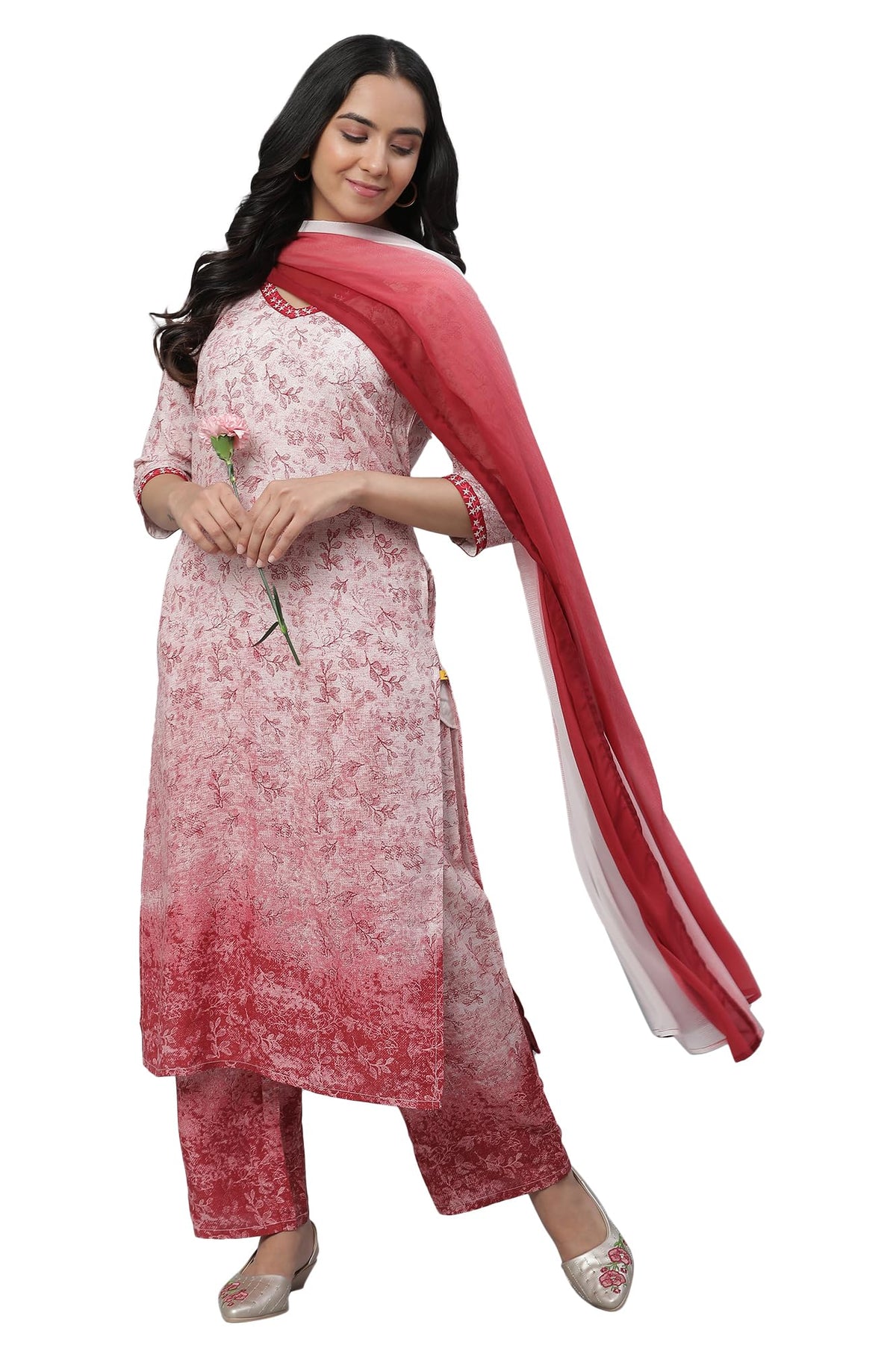 Aurelia Floral Printed Red WomenS Kurta And Trousers Set
