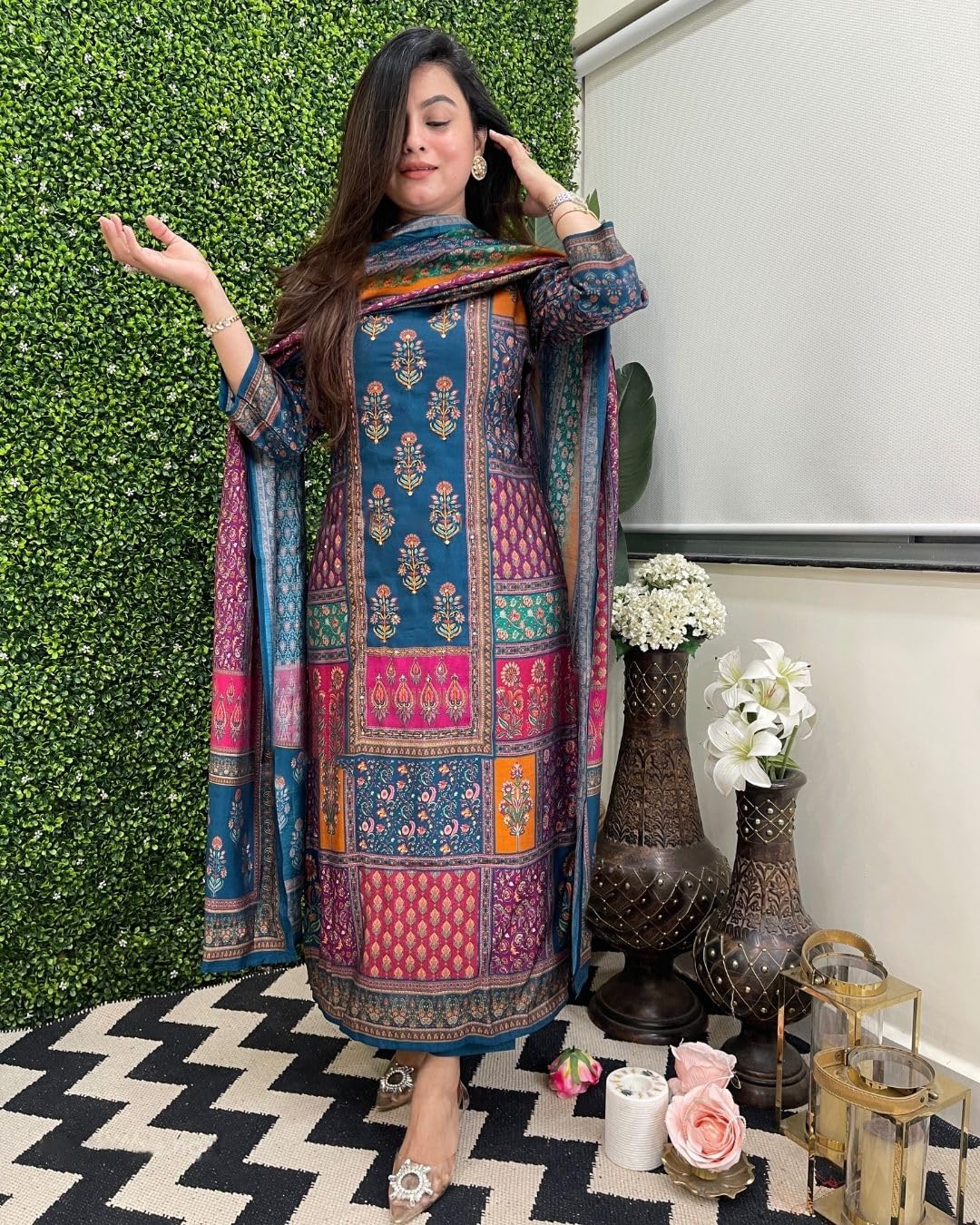 ANNI DESIGNER Womens Rayon Viscose Printed Straight Kurta with Pant & Dupatta (Sula Multi_S_Multicolor_Small)