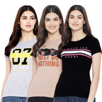Preneum Womens Cotton Regular Fit Latest Graphic Stylish Printed Short Sleeves Casual T-Shirt || Trendy & Styles (Pack 3), Brow
