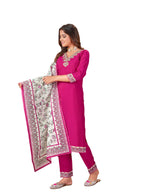 Stylum WomenS Magenta Solid & Embroidered Silk Straight Kurta Pant Dupatta Set