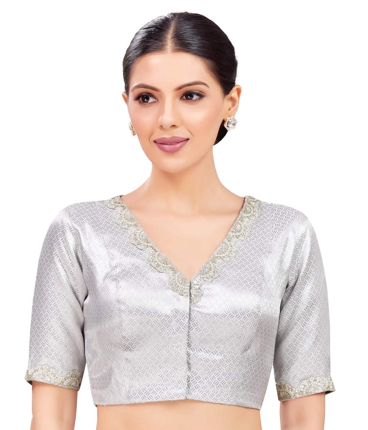 Studio Shringaar WomenS Silver Brocade Elbow Length Sleeves Embroidered VNeck Readymade Saree Blouse (Sliver, 40) 40