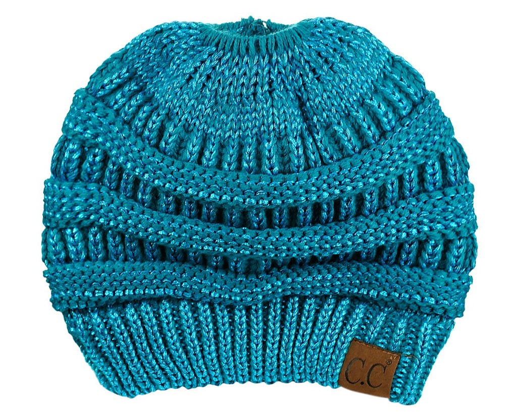 C.C BeanieTail Soft Stretch Cable Knit Messy High Bun Ponytail Beanie Hat, Teal Metallic