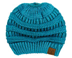 C.C BeanieTail Soft Stretch Cable Knit Messy High Bun Ponytail Beanie Hat, Teal Metallic