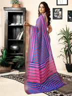 Satrani Womens Linen One Minute Pre Stitched Zari Stripe Border Printed Ready To Wear Saree With Attached pocket & Unstitched B