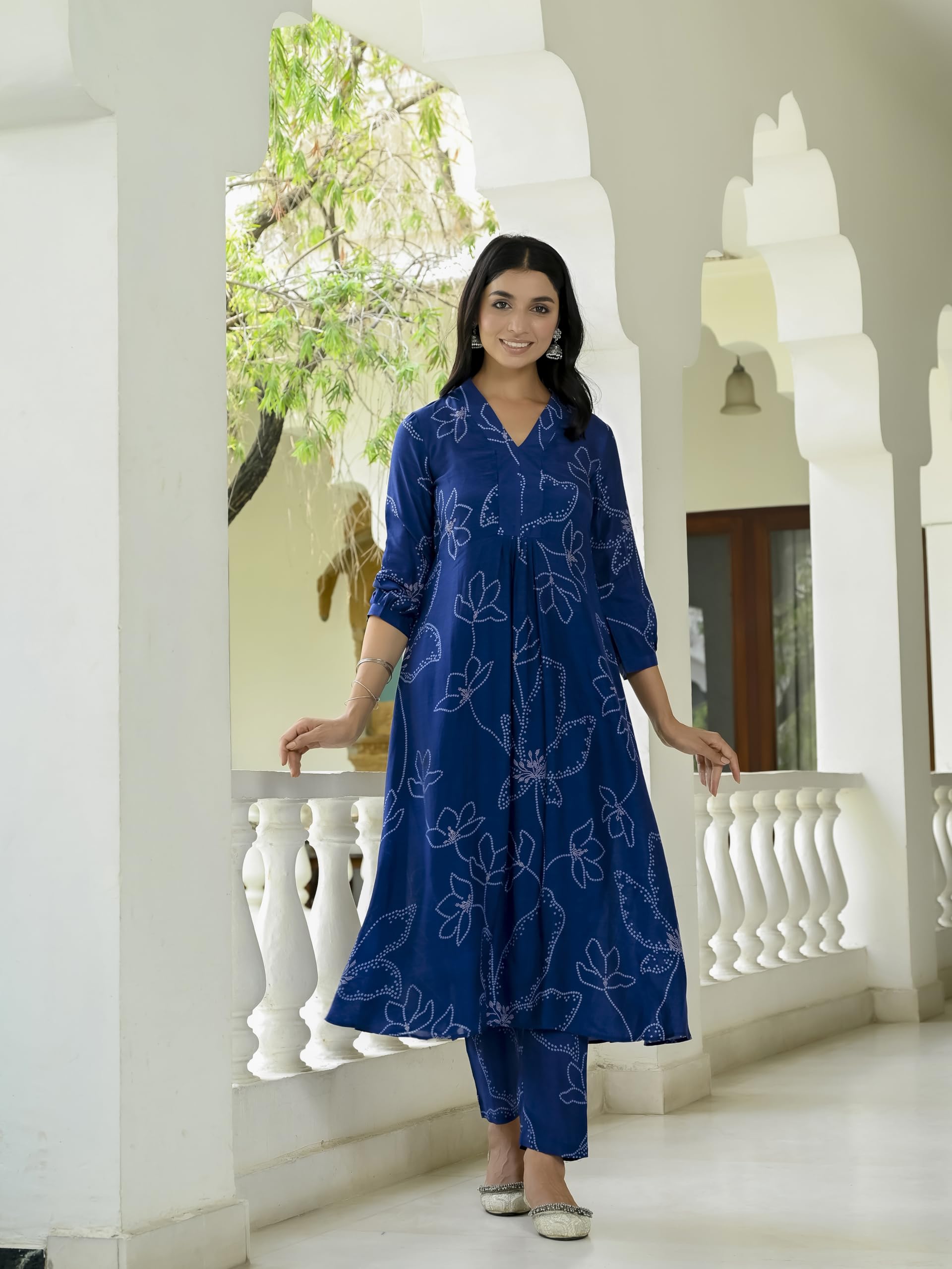 ANNI DESIGNER Women s Rayon Blend A-Line Print Kurta with Pants, Blue, XL
