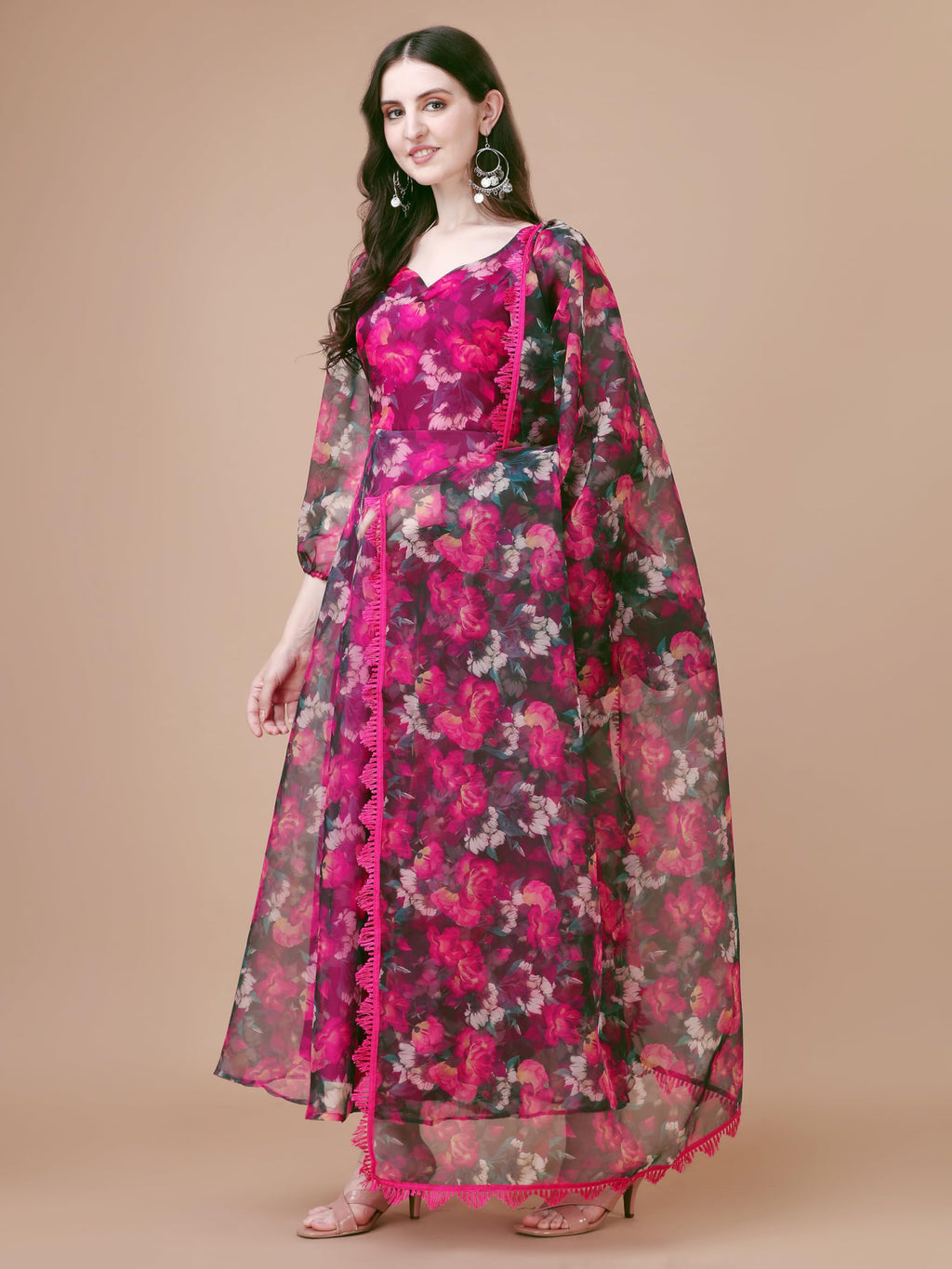 Women Floral Print Anarkali Kurta With Pant And Dupatta (Krt547) (Medium, Pink)