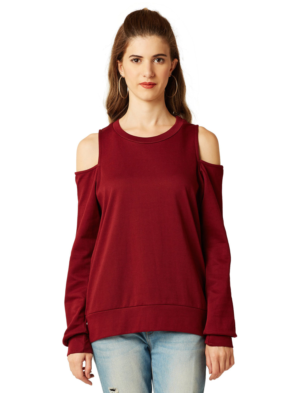 Miss Chase WomenS Maroon Cold Shoulder Boxy Top(Mcaw17Tp10-09-64-03,Maroon,Small)