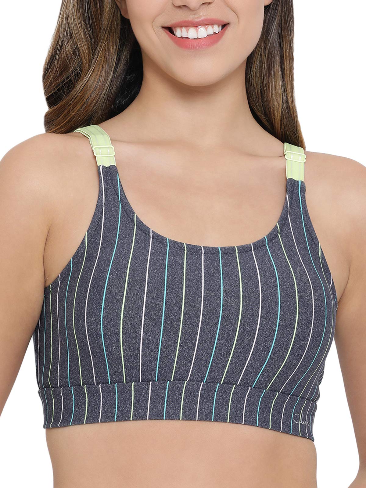 Clovia Womens Medium Impact Padded Striped Sports Bra with Removable Pads (BR2055P05_Grey_L)