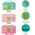 LONEDREAM 3Pcs Stoney Clover Preppy Makeup Bag, Stuff Bag Travel Makeup Cosmetic Bag, Chenille Letter Patch Open Flat Nylon Pouc