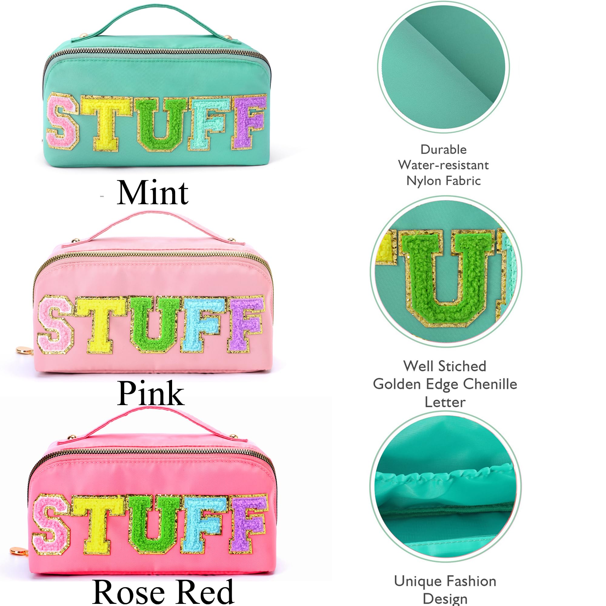 LONEDREAM 3Pcs Stoney Clover Preppy Makeup Bag, Stuff Bag Travel Makeup Cosmetic Bag, Chenille Letter Patch Open Flat Nylon Pouc