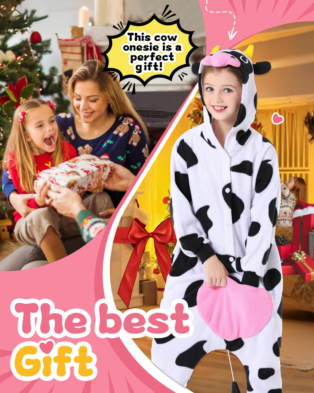 CANASOUR Kids Cow Onesie Farm Animal Halloween Cosplay Costume for 6-8 Years Girls Unisex Outfuit One Piece Hooded Soft Pajamas