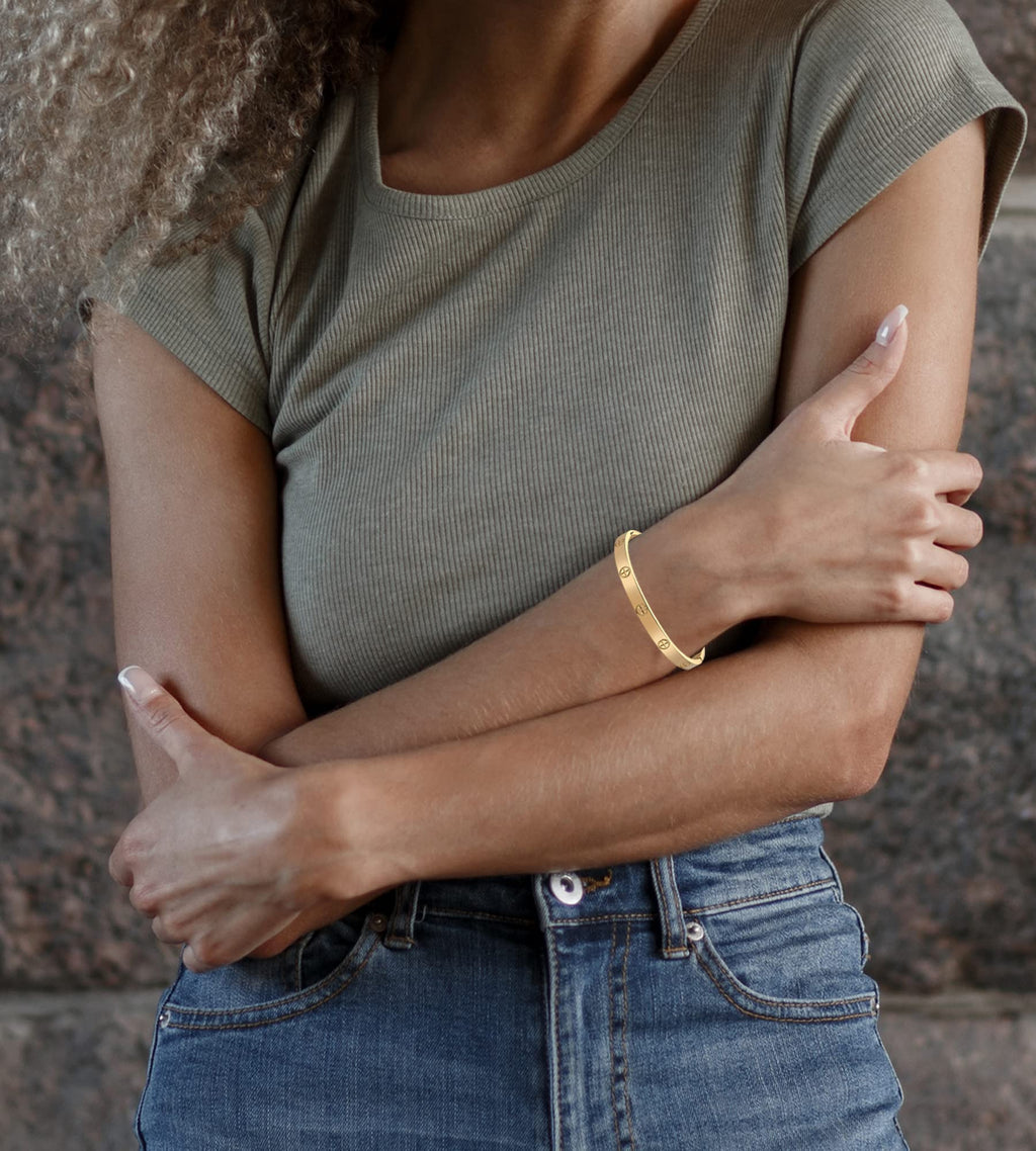 RIMRIVA Gold Bracelets for Women Trendy Cross Love Bangle Stack Stainless Steel Jewelry Anniversary Graduation Her Christmas Bir