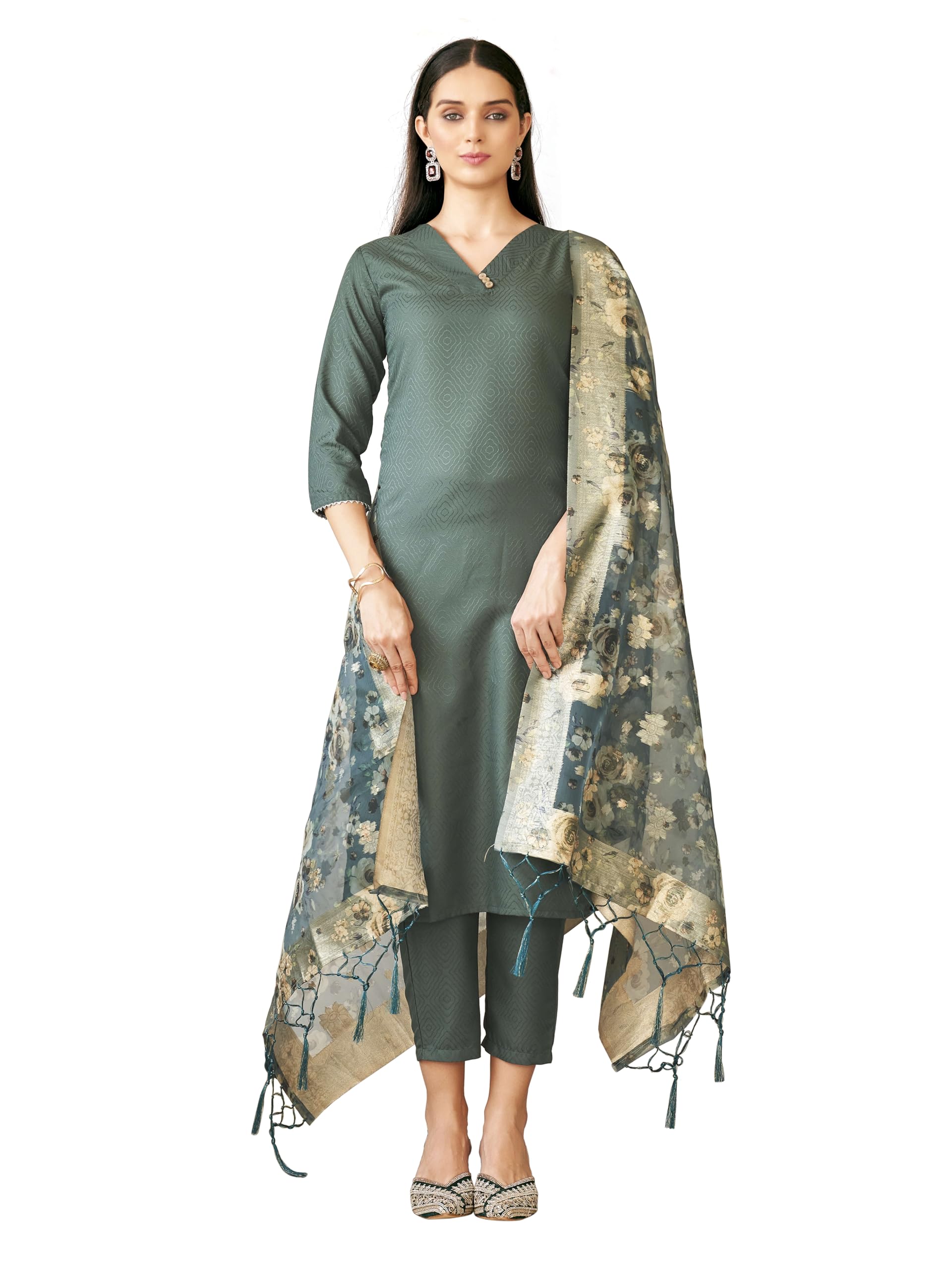 Womanista Women'S Bottle Green Poly Silk Straight Kurta And Pants With Printed Dupatta (Kurtaset_1326_Xl)