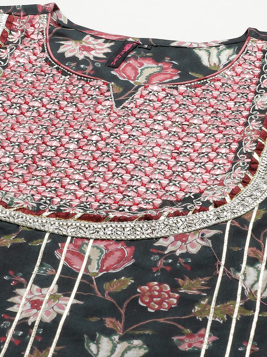 Ishin Women'S Pure Cotton Embroidered Gotta Patti Green Floral Print A-Line Kurta Suit Set With Dupatta & Sharara