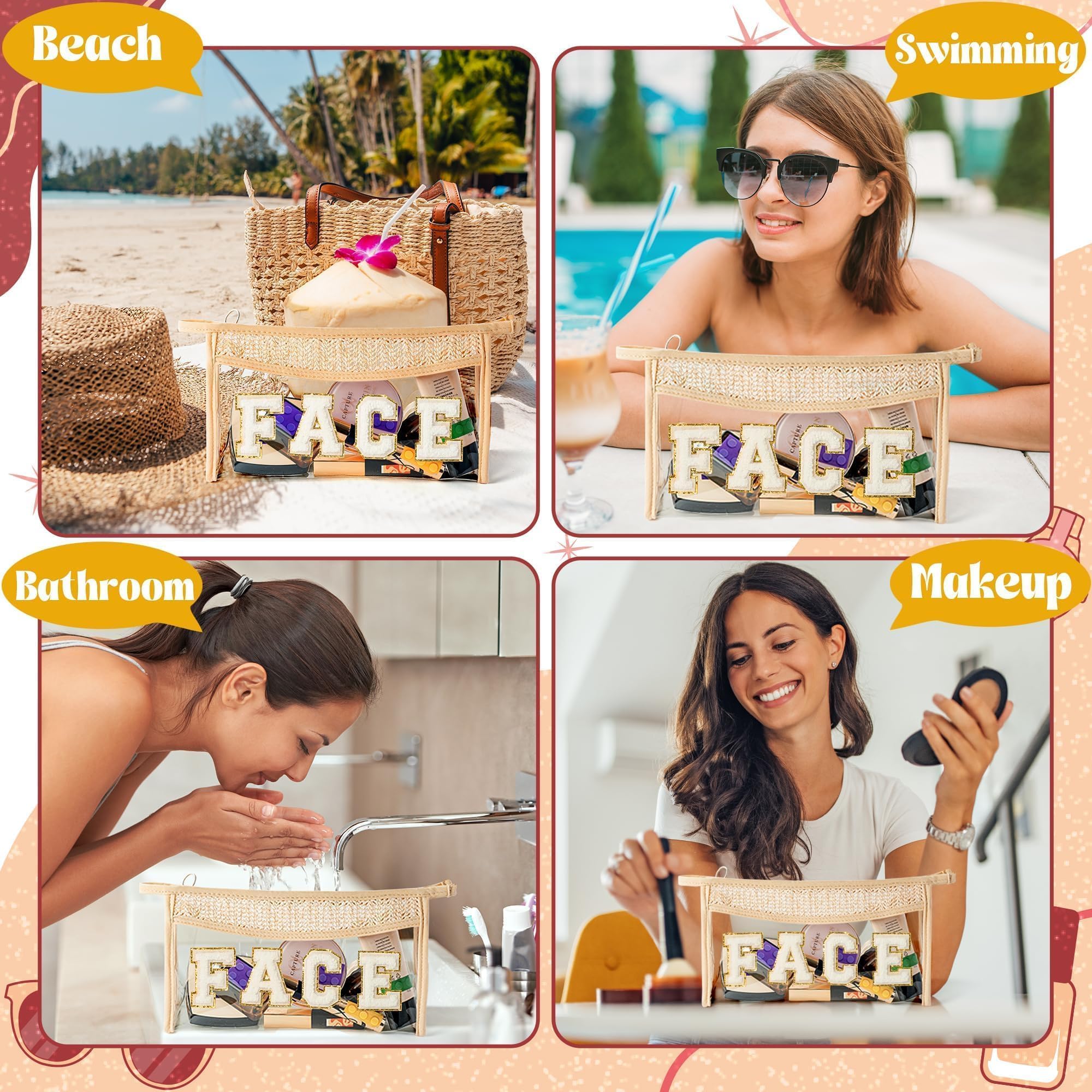 Belanttega Boho Patch GLAM Makeup Bag Clear Toiletry Bag Varsity Letter Travel Cosmetic Bag beige Transparent Waterproof Snacks