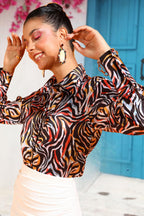 POPWINGS Printed Full-Sleeves Regular-Fit Satin Printed Shirt for Women Stylish Western Casual Wear