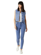 Miss Chase WomenS Light Blue Polo Neck Sleeveless Denim Solid Buttoned Ice Wash Raw Edge Detailing Crop Denim Jacket (Mcss19Den