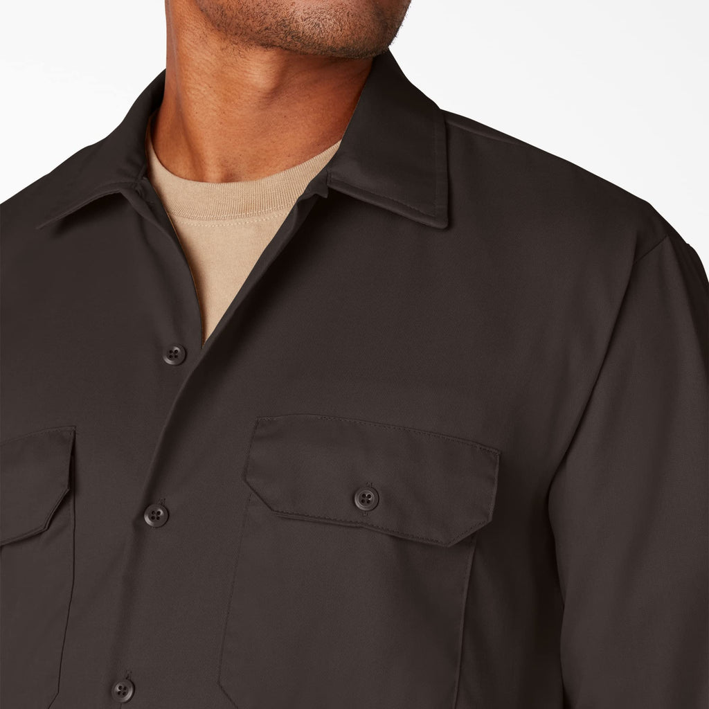 Dickies Mens Long Sleeve Work Shirt, Dark Brown, X-Large