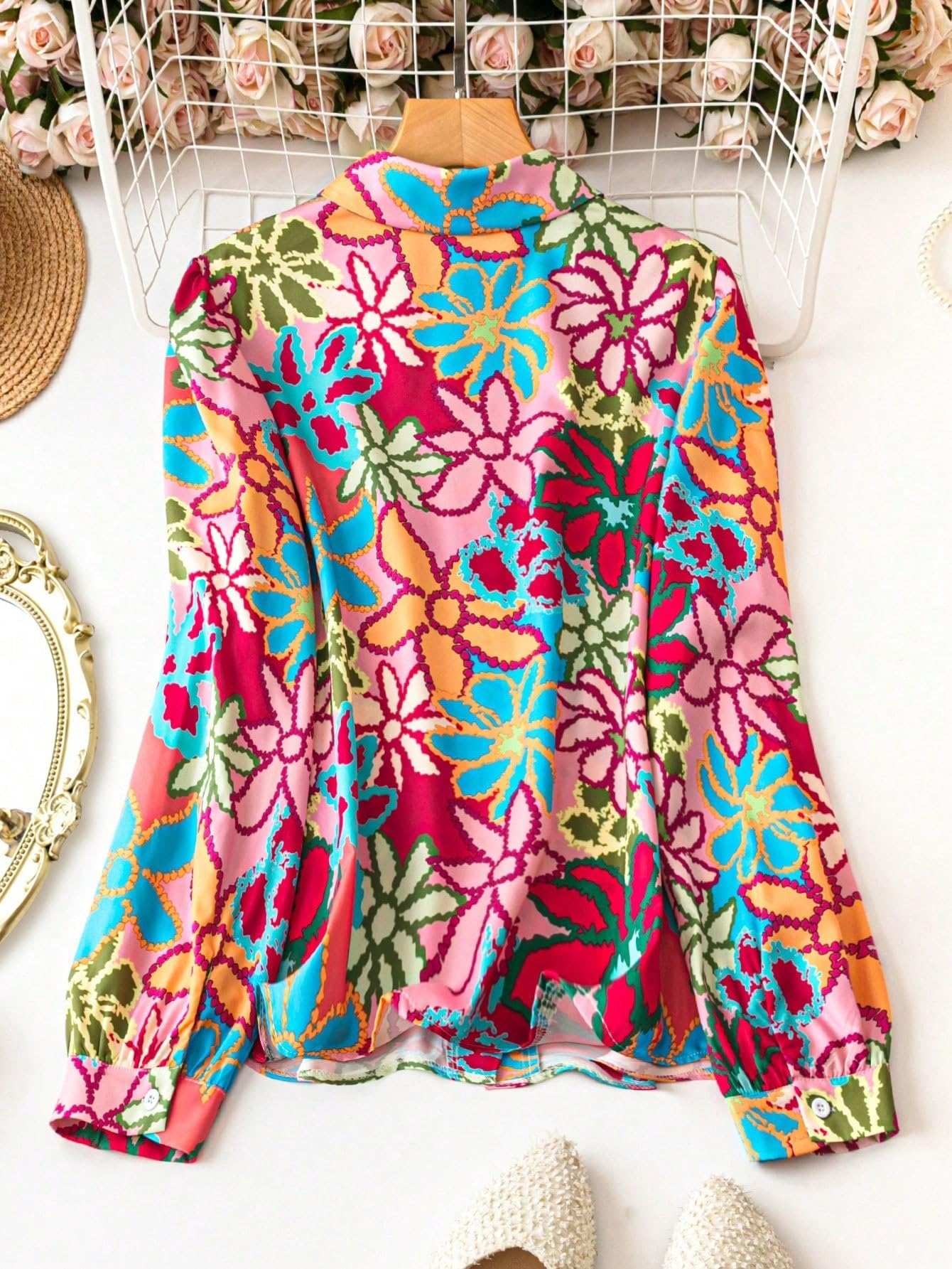 Shasmi Girls & Womens Solid White Colorful Casual Fit Lapel Cardigan Shirt Colorful Flower Printed Long Sleeve Shawl Collared