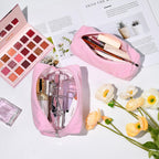 SOIDRAM Makeup Bag Corduroy Cosmetic Bag Cute Pink Makeup Pouch 1Pcs Large Capacity Makeup Bags and 1Pcs Makeup Brushes Storage