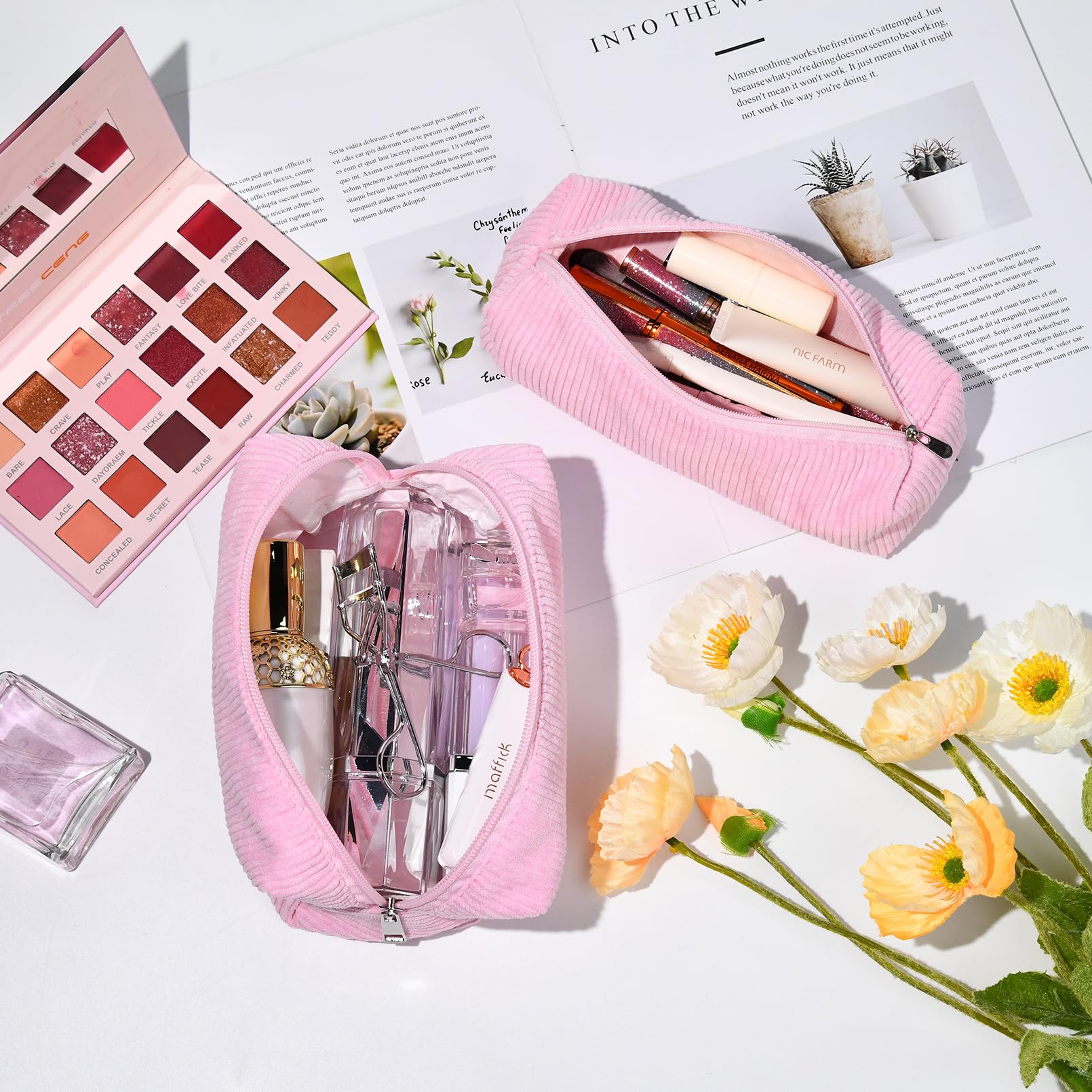 SOIDRAM Makeup Bag Corduroy Cosmetic Bag Cute Pink Makeup Pouch 1Pcs Large Capacity Makeup Bags and 1Pcs Makeup Brushes Storage