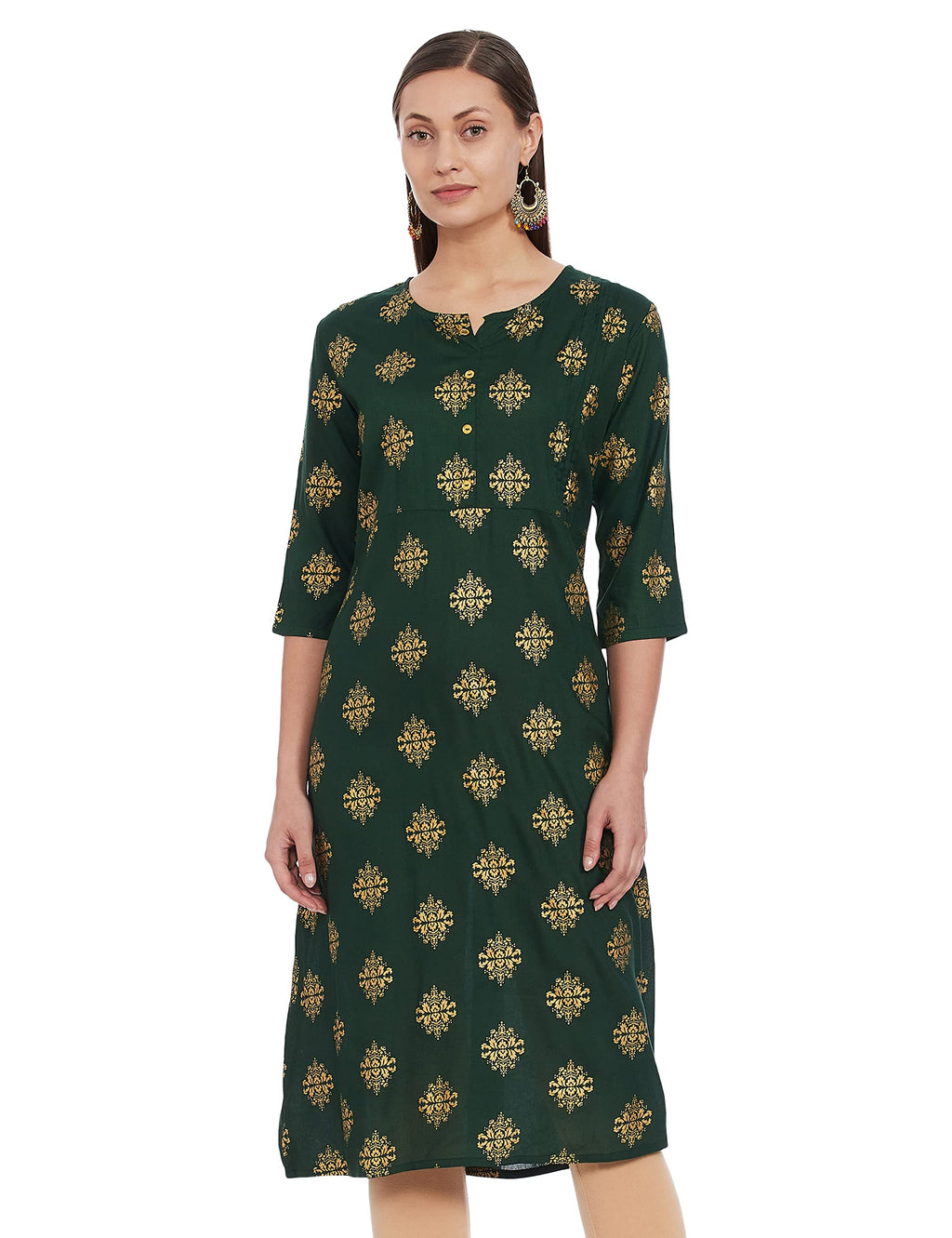 Anubhutee Women'S Rayon Green Foil Print Ethnic Motifs Printed A-Line Kurta