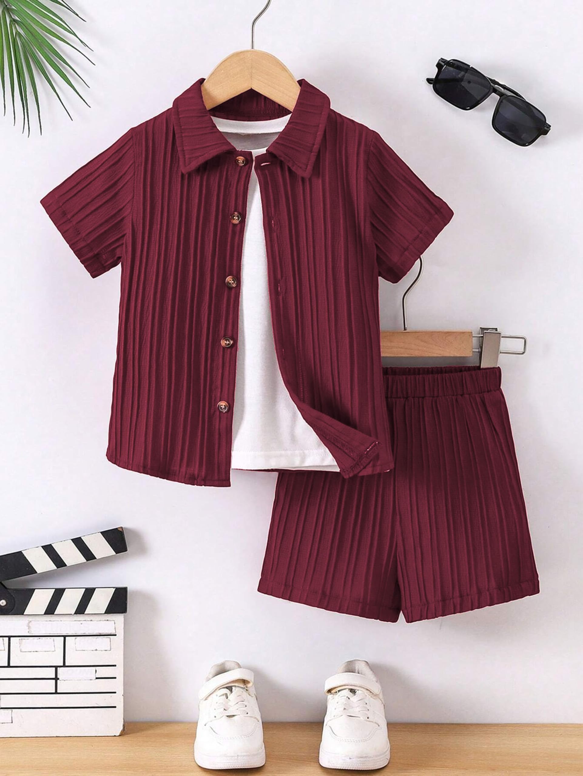 TAGAS Boys Polyester Young Solid Textured Short Sleeve Shirt And Shorts Two-Piece Set || COORDINATED_OUTFIT || Clothing Set|SHIR