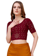 Pujia Mills WomenS Readymade Hosiery Lycra Stretchable Round Neck Half Sleeve Blouse With Swaroski Work Fancy Lycra Stretchable