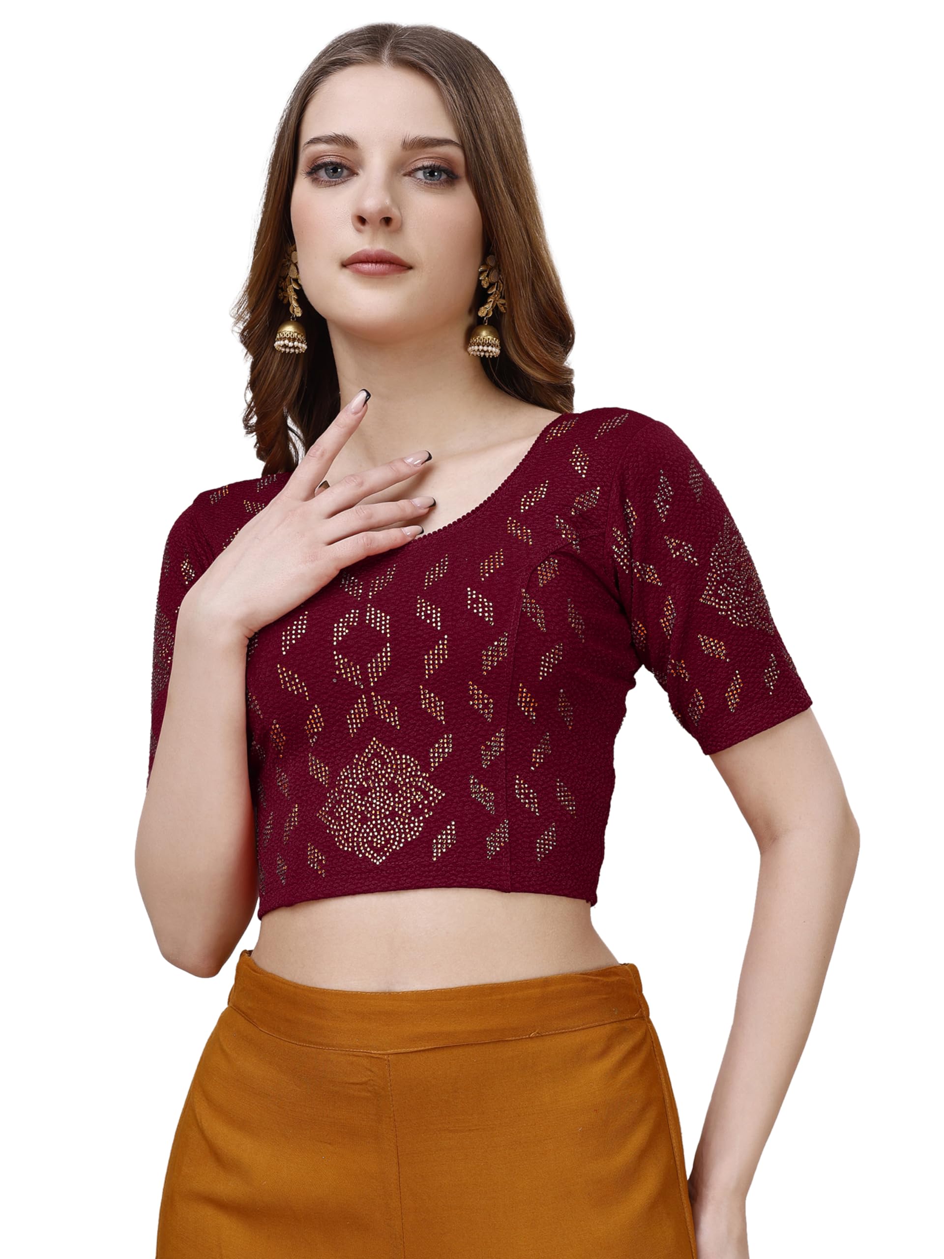 Pujia Mills WomenS Readymade Hosiery Lycra Stretchable Round Neck Half Sleeve Blouse With Swaroski Work Fancy Lycra Stretchable