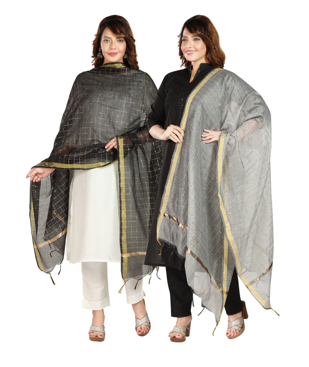 Fabme Women'S Checkered Dupatta With Embellish Golden Border Black, Silver - Pack Of 2