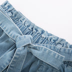 KANCY KOLE Women Mini Denim Skirt Cute Pleated Jean Skirts Juniors Short Ruffle Paper Bag Skirt Light Blue L