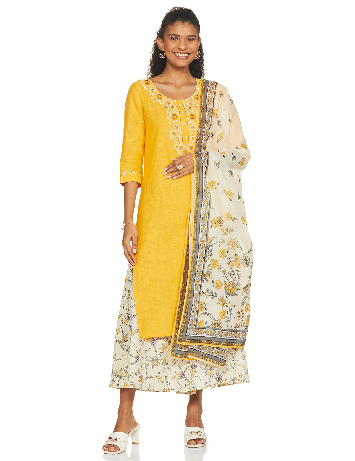 Yellow Embroidered Kurta- Light Yellow Palazzo-Dupatta
