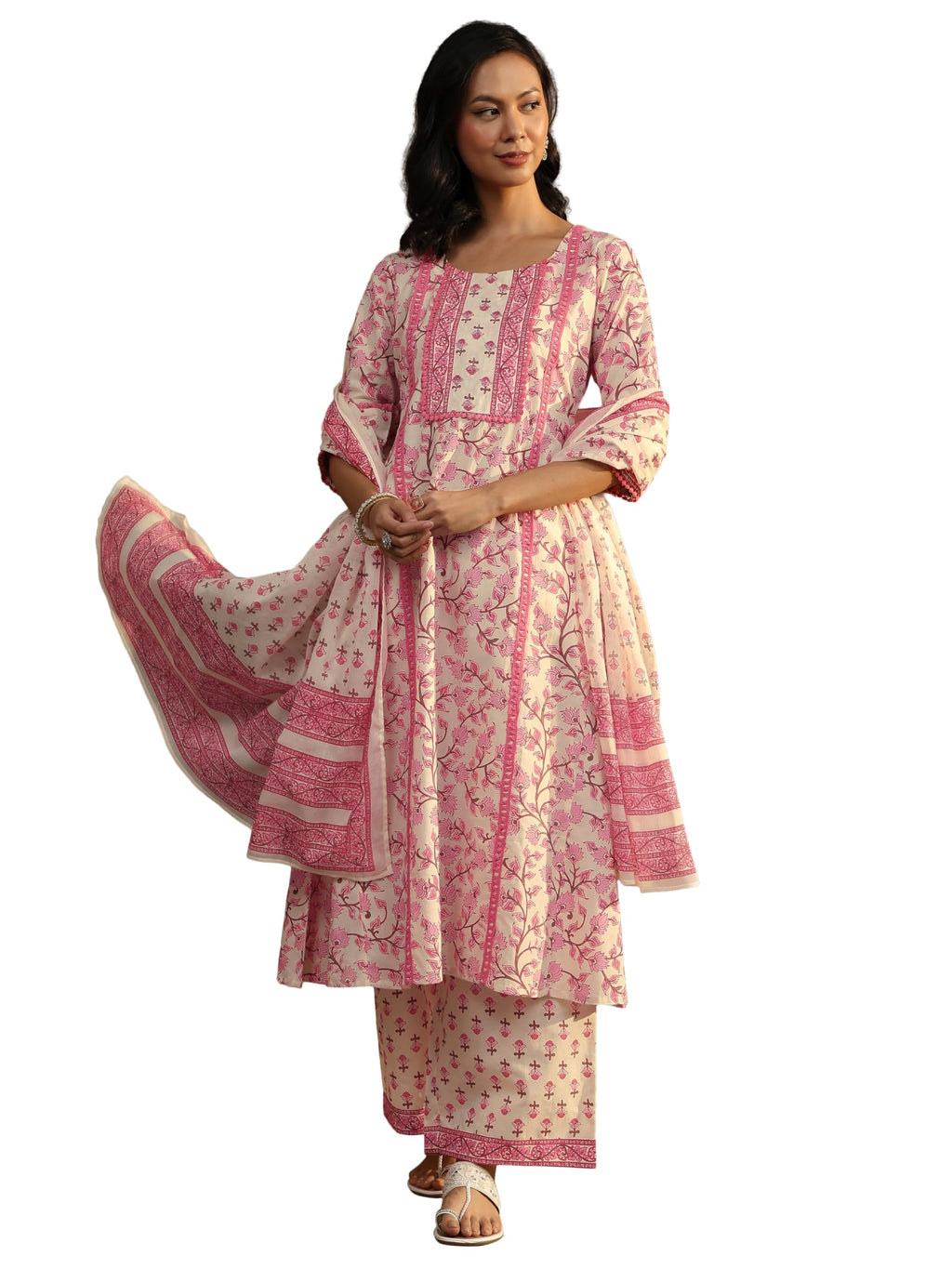 Libas Printed Cotton Anarkali Kurta With Trousers and Dupatta-401377S