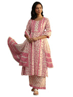 Libas Printed Cotton Anarkali Kurta With Trousers and Dupatta-401377S