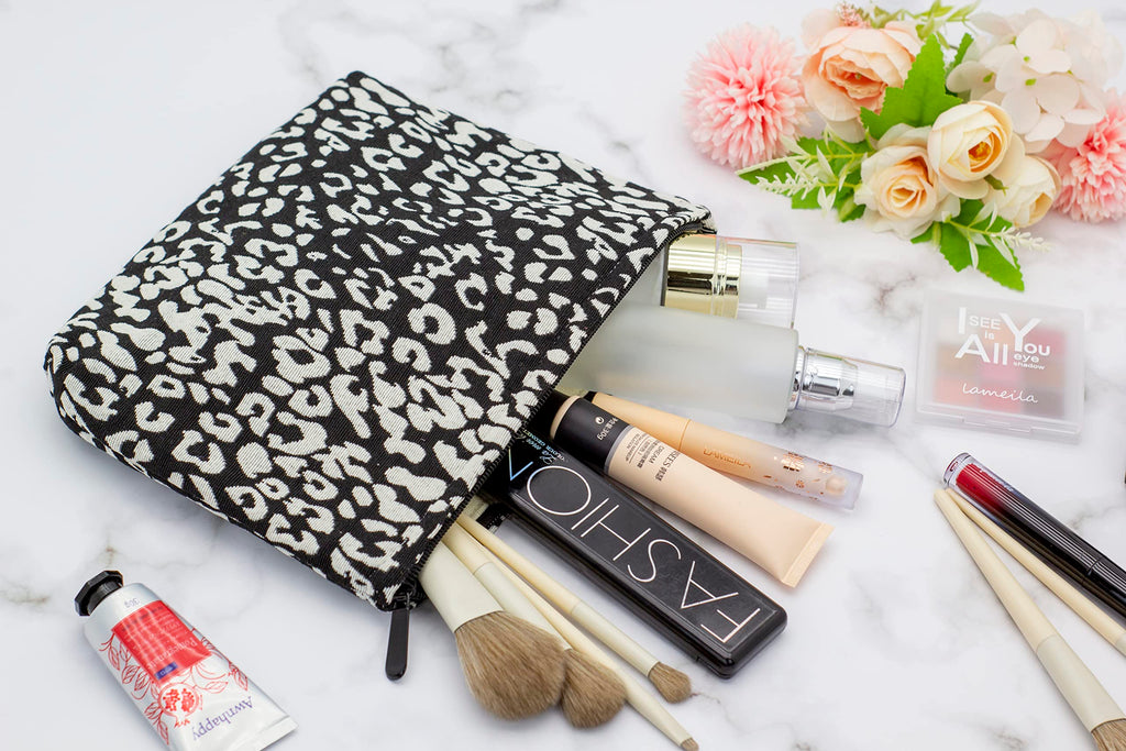 PAZIMIIK Makeup Bags for Purse Zipper Cosmetic Pouch Large Travel Canvas Make Up Organizer Tool Pouch for Women and Girls,Leopar