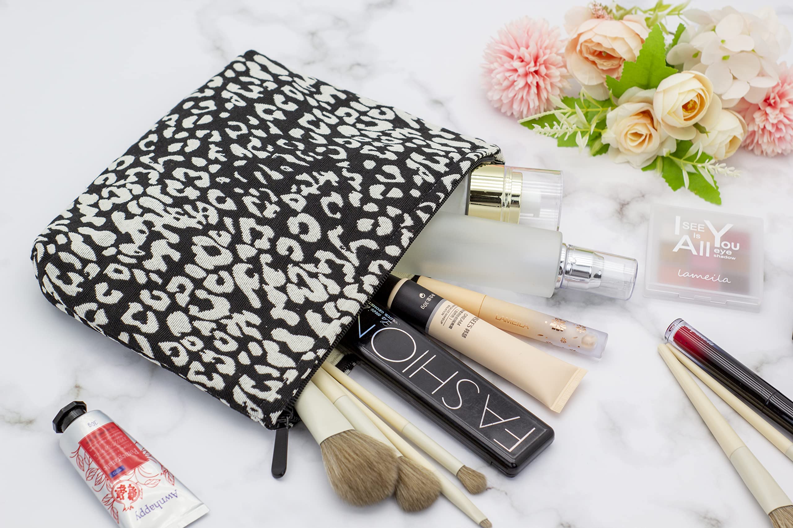 PAZIMIIK Makeup Bags for Purse Zipper Cosmetic Pouch Large Travel Canvas Make Up Organizer Tool Pouch for Women and Girls,Leopar