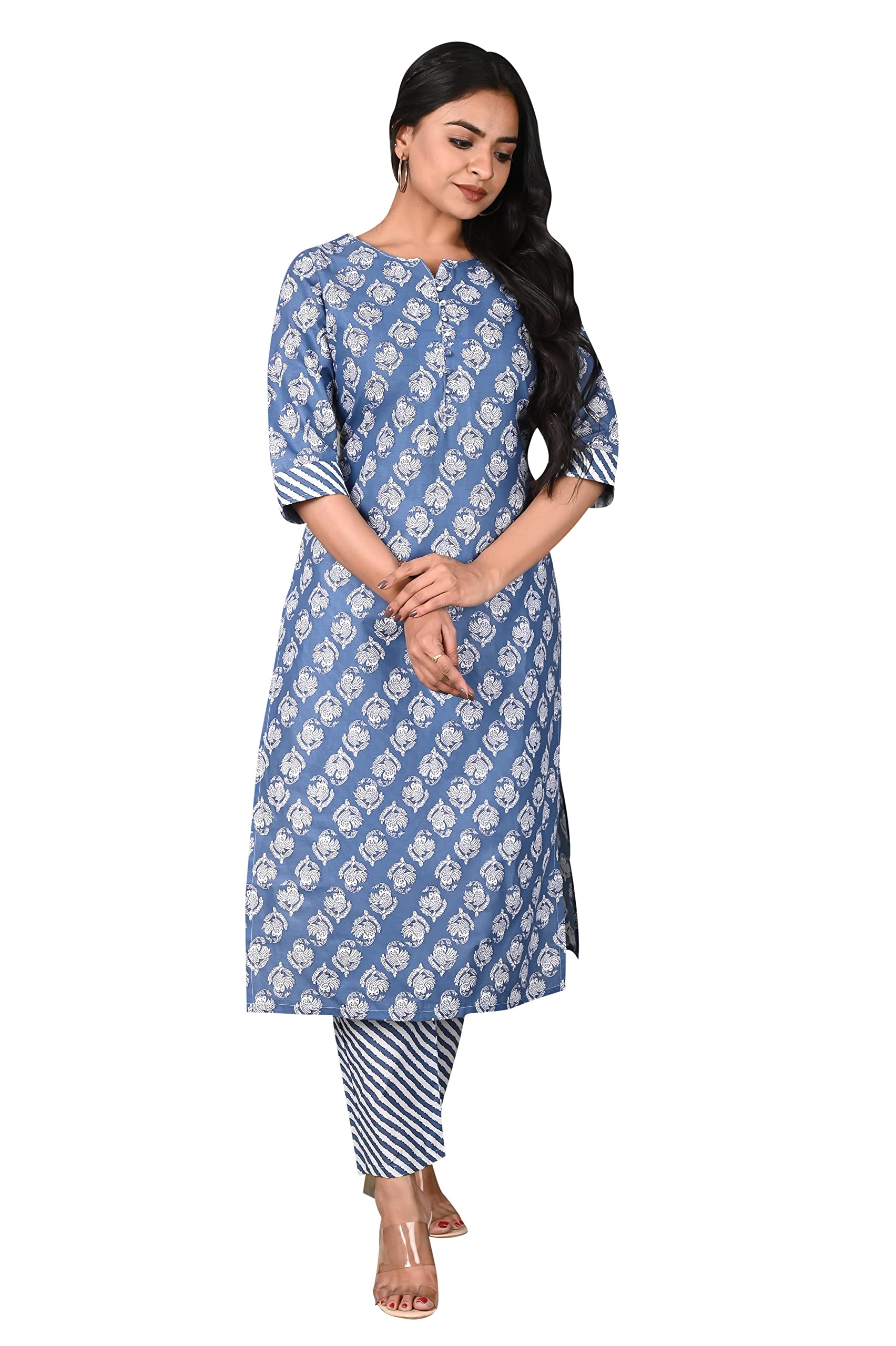 Gosriki Women'S Cotton Blend Straight Printed Kurta With Pant (Funki Blue_Xxl-Go_Blue_Xx-Large)