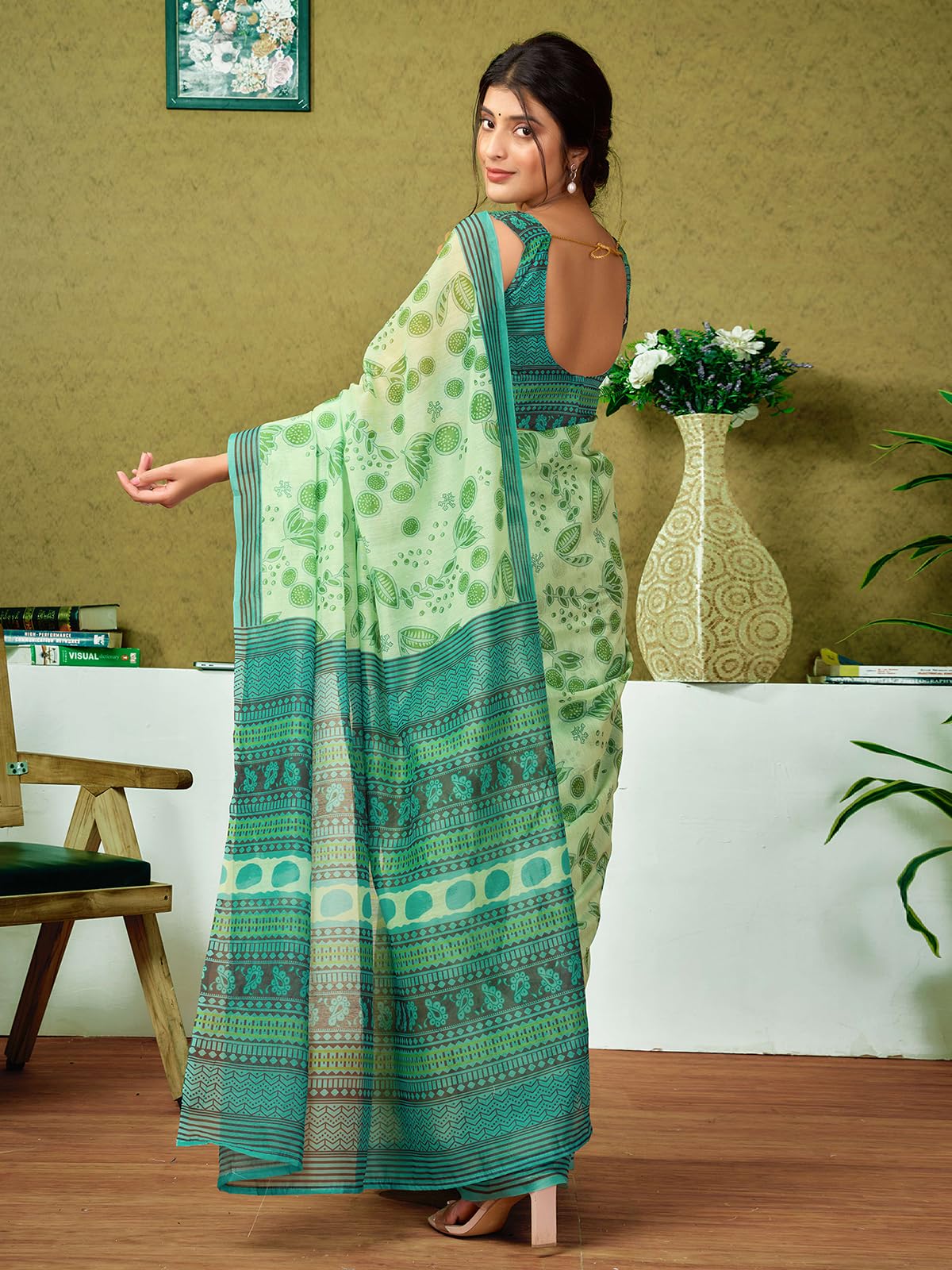 Satrani WomenS Chanderi Cotton Printed Ready To Wear One Minute Pre Pleated Readymade Saree With Unstitched Blouse Piece (32Rs3