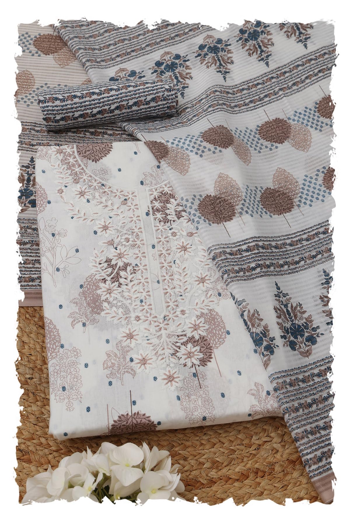 Soch Women Cotton Botanical Printed Hand Embroidered Dress Material