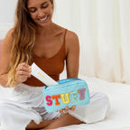 Fablinks Preppy Pouch, Chenille Varsity Letter Stuff Bag, Aqua Nylon Skin Care Patch Bags Organizer, Travel Make Up Skincare Cos