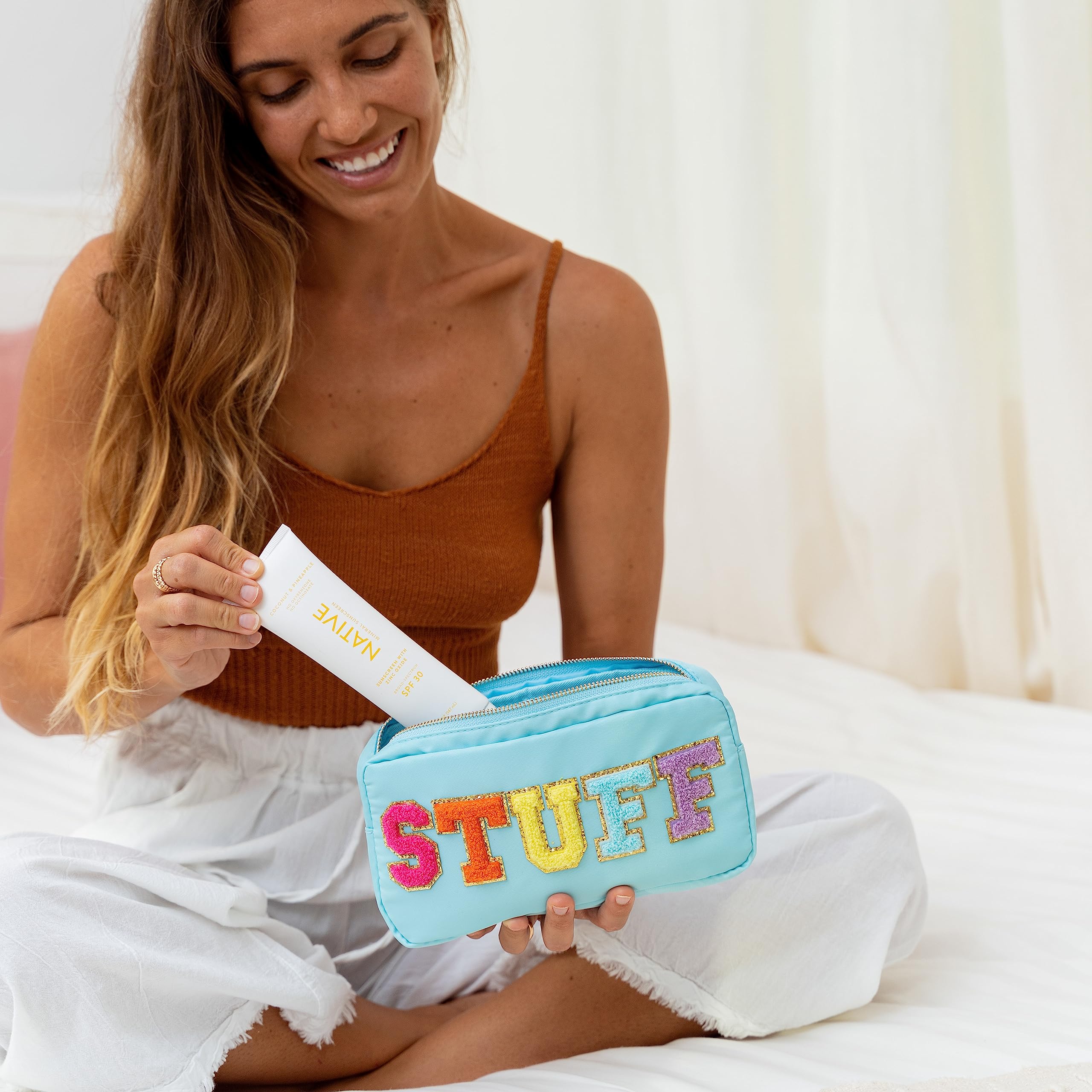 Fablinks Preppy Pouch, Chenille Varsity Letter Stuff Bag, Aqua Nylon Skin Care Patch Bags Organizer, Travel Make Up Skincare Cos