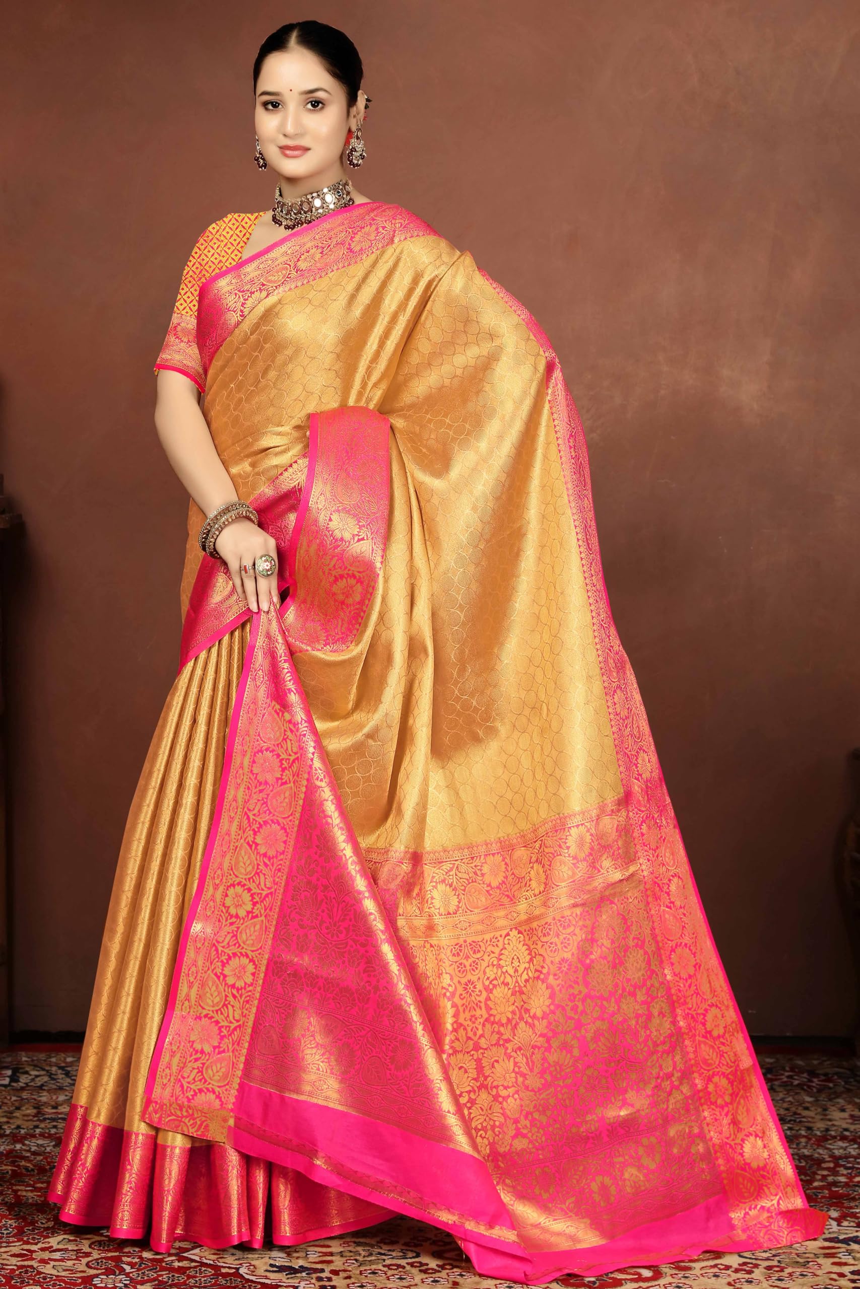 Sugathari WomenS Gold And Pink Kanjivaram Banarasi Silk Saree For Patola Festival Wedding Silk With Rich Pallu Design Sarees Fo