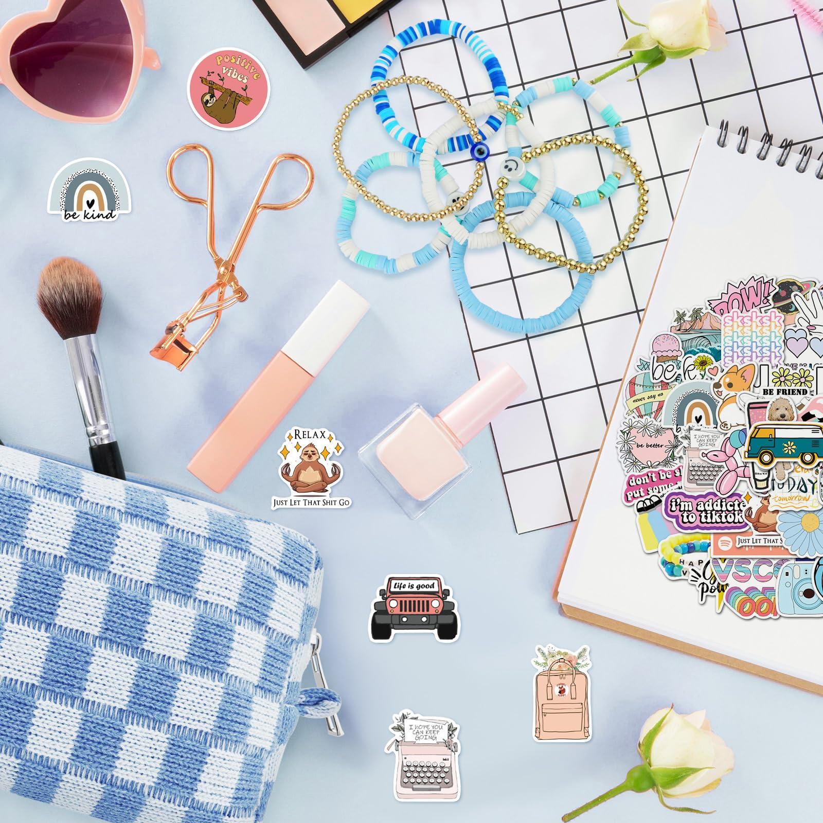 58 Pcs Checkered Makeup Bag Set Preppy Aesthetic Cosmetic Bag Travel Makeup Pouch Toiletry Bag 7 Heishi Surfer Bracelets with 50