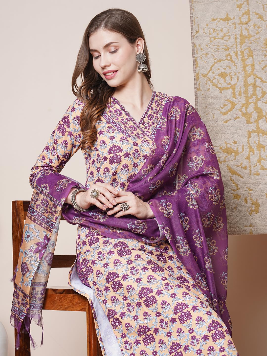 ANNI DESIGNER Women s Rayon Blend Kurta with Pants and Dupatta, Yellow, S