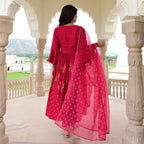 ANNI DESIGNER Womens Rayon Blend Anarkali Printed Kurta with Pant & Dupatta (KUNDAVAI Pink_XXL_Pink_XX-Large)