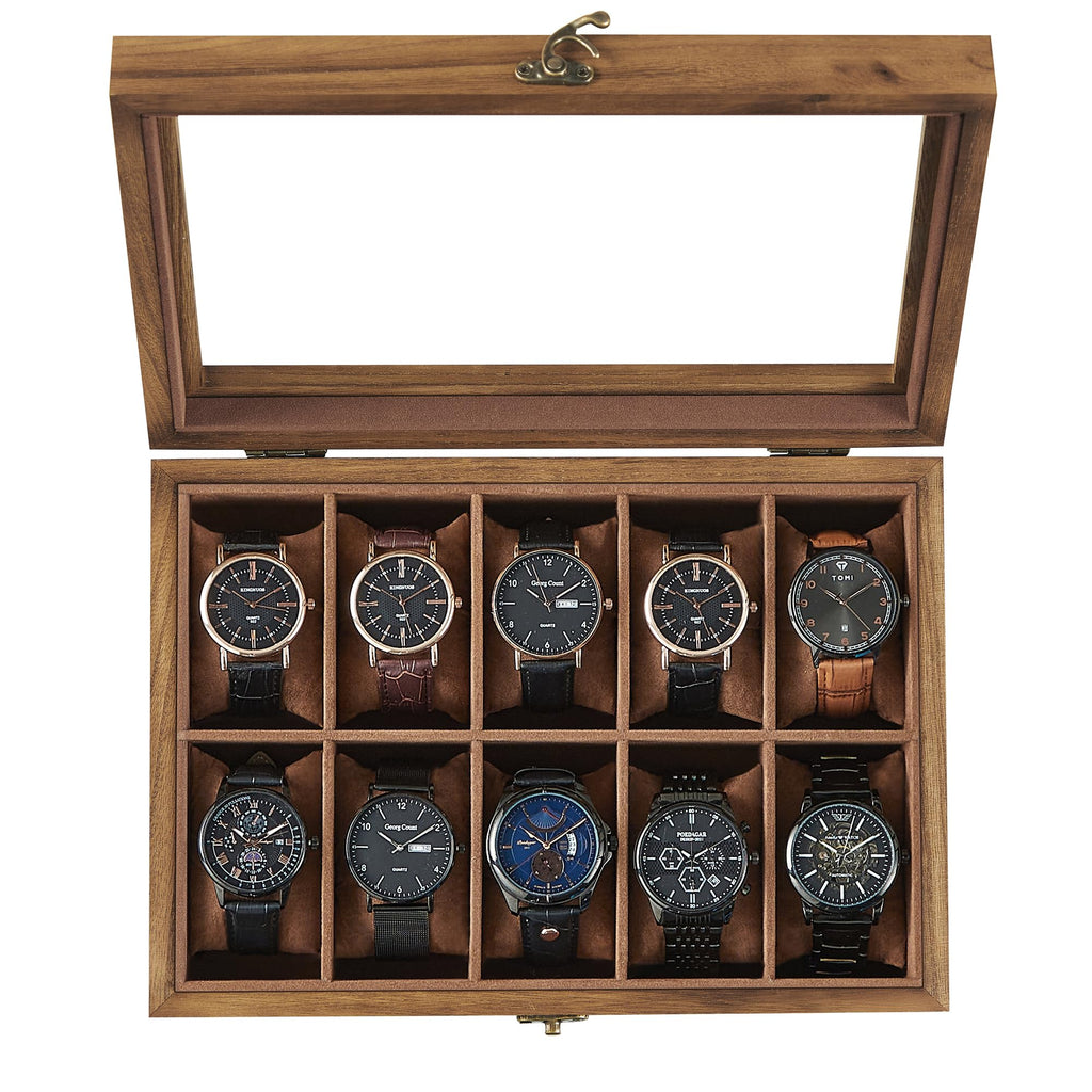 SONGMICS Watch Box, 10-Slot Watch Case, Solid Wood Watch Box Organizer with Glass Lid, Rustic Walnut UJOW100K01