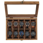 SONGMICS Watch Box, 10-Slot Watch Case, Solid Wood Watch Box Organizer with Glass Lid, Rustic Walnut UJOW100K01