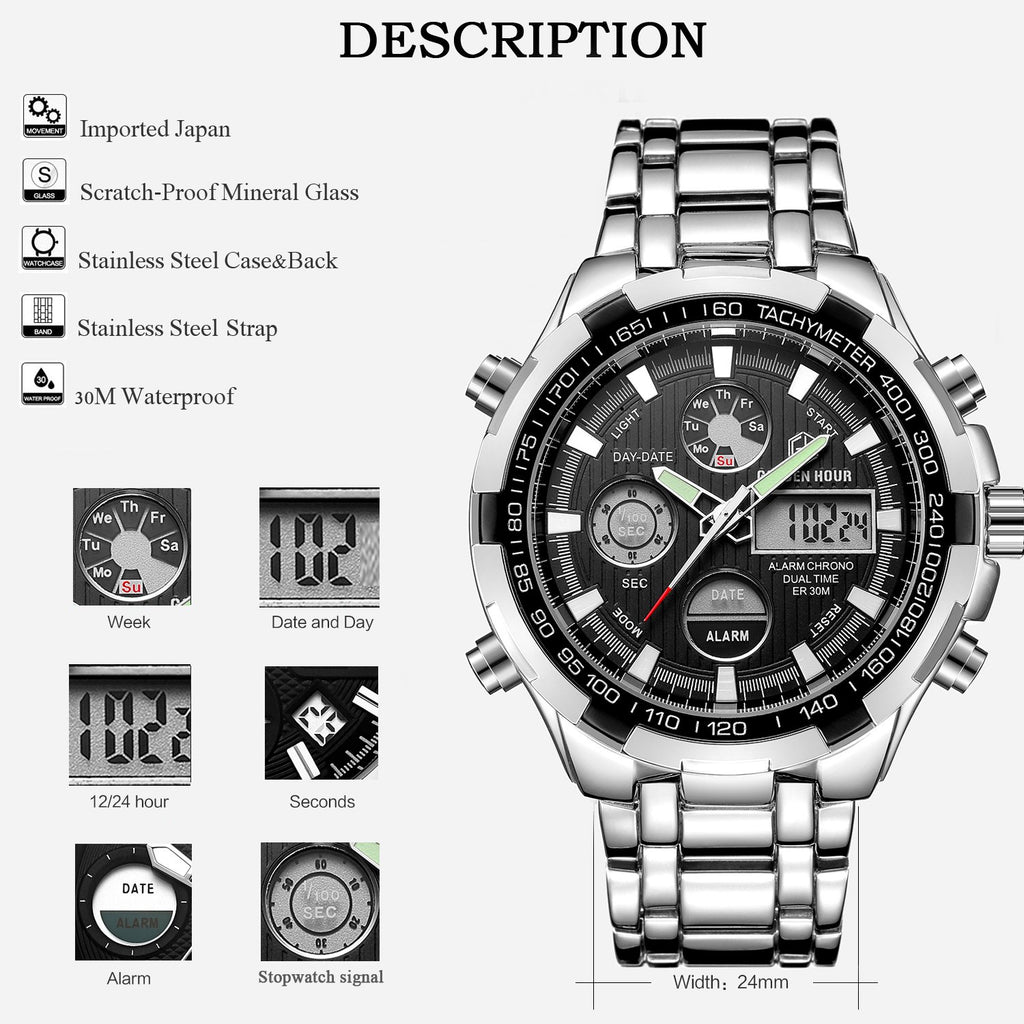 GOLDEN HOUR Luxury Stainless Steel Analog Digital Watches for Men Male Outdoor Sport Waterproof Big Heavy Wristwatch (Silver Bla