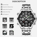 GOLDEN HOUR Luxury Stainless Steel Analog Digital Watches for Men Male Outdoor Sport Waterproof Big Heavy Wristwatch (Silver Bla