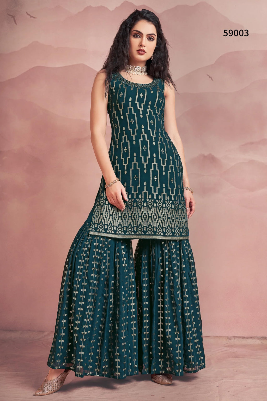 Xomantic Fashion WomenS Georgette Dupatta Xf-2267 Kurta Sharara Set_Teal